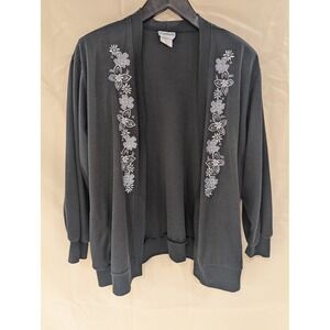 Vintage BonWorth Petite M Open Front Cardigan Embroidered Flowers Black Womens